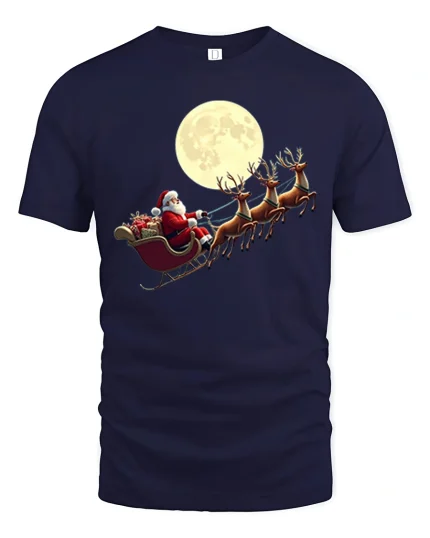 Santa Sleigh Moonlight Ride Classic Christmas Graphic T-Shirt - navy t-shirt on white background