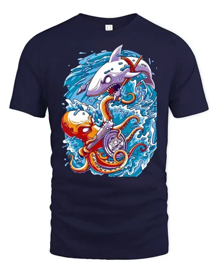 Epic Shark vs Octopus Battle Ocean Warrior Graphic T-Shirt - navy t-shirt on white background