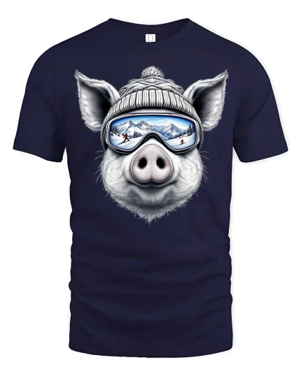 Ski Pig Winter Goggles Funny Snow Mountain Graphic T-Shirt - navy t-shirt on white background