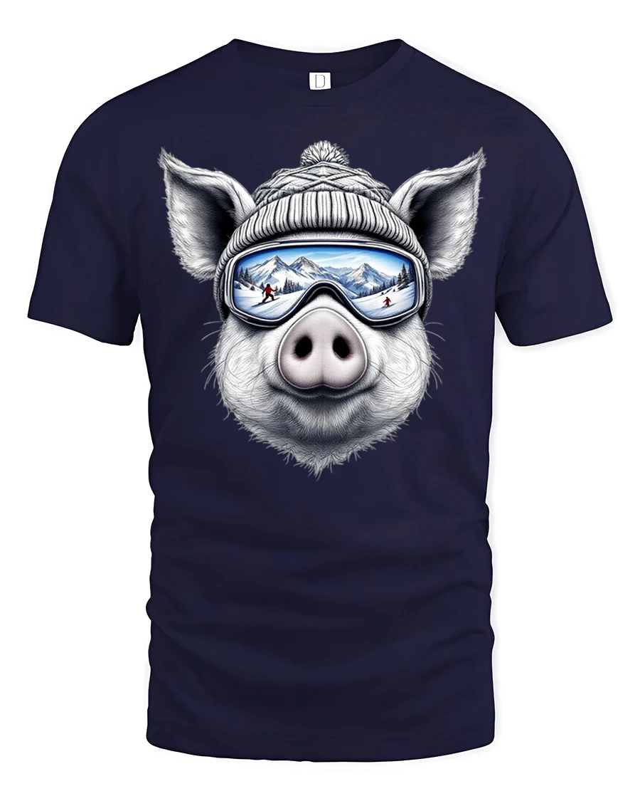 Ski Pig Winter Goggles Funny Snow Mountain Graphic T-Shirt - 1 Ski Pig Winter Goggles Funny Snow Mountain Graphic T-Shirt - navy t-shirt on white background
