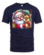 Cute Santa and Reindeer Christmas Friends Holiday Graphic Tee - navy t-shirt on white background
