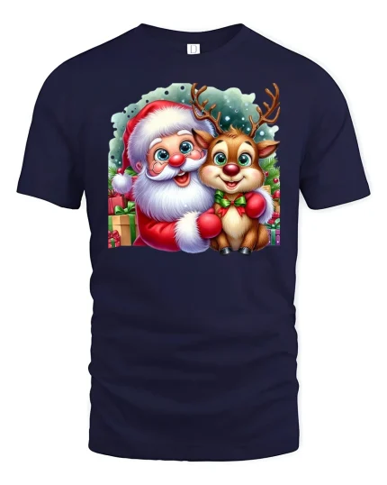 Cute Santa and Reindeer Christmas Friends Holiday Graphic Tee - navy t-shirt on white background