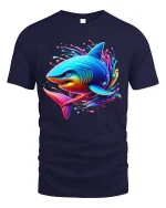 Neon Shark Splash Vibrant Ocean Art Graphic T-Shirt Soft Feel - navy t-shirt on white background