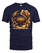 Golden Warrior Crab Ornate Art Mythic Style Graphic T-Shirt - navy t-shirt on white background