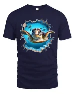 3D Sea Turtle Breakthrough Ocean Art Realistic Graphic T-Shirt - navy t-shirt on white background