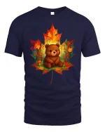 Cute Autumn Bear in Leaf Forest Art Cozy Fall Graphic T-Shirt - navy t-shirt on white background