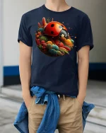 Colorful Ladybug Garden Fantasy Art Bright Nature Graphic Tee - model wearing navy tee with hands in pockets