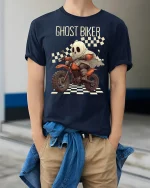 Ghost Biker Racing Cartoon Spooky Motorcycle Graphic T-Shirt - model wearing navy tee with hands in pockets