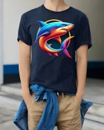 Neon Shark Circle Design Vibrant Ocean Art Graphic T-Shirt - model wearing navy tee with hands in pockets