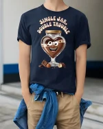 Funny Chocolate Jar Double Trouble Cute Food Cartoon T-Shirt - model wearing navy tee with hands in pockets