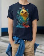 Color Splash Creature Cute Fantasy Art Vibrant Graphic T-Shirt - model wearing navy tee with hands in pockets