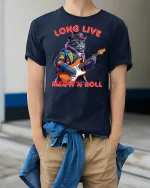 Long Live Meow N Roll Rockstar Cat Playing Guitar Graphic Tee - model wearing navy tee with hands in pockets