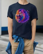 Vibrant Roaring Tiger Neon Art Graphic T-Shirt with Soft Feel - model wearing navy tee with hands in pockets