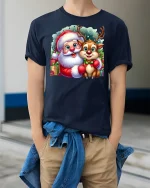 Cute Santa and Reindeer Christmas Friends Holiday Graphic Tee - model wearing navy tee with hands in pockets