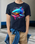 Neon Shark Splash Vibrant Ocean Art Graphic T-Shirt Soft Feel - model wearing navy tee with hands in pockets