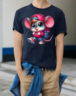 Cute Backpack Mouse Streetwear Cartoon Art Graphic T-Shirt - model wearing navy tee with hands in pockets
