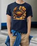 Golden Warrior Crab Ornate Art Mythic Style Graphic T-Shirt - model wearing navy tee with hands in pockets