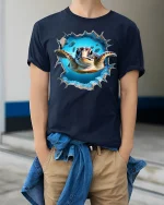 3D Sea Turtle Breakthrough Ocean Art Realistic Graphic T-Shirt - model wearing navy tee with hands in pockets