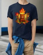 Cute Autumn Bear in Leaf Forest Art Cozy Fall Graphic T-Shirt - model wearing navy tee with hands in pockets