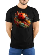 Colorful Ladybug Garden Fantasy Art Bright Nature Graphic Tee - model wearing black tee with hands behind back