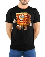 Funny Lasagna Cartoon Character Melty Food Humor Graphic Tee - model wearing black tee with hands behind back