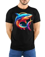 Neon Shark Circle Design Vibrant Ocean Art Graphic T-Shirt - model wearing black tee with hands behind back