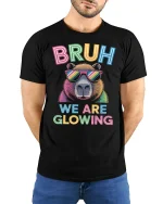 Bruh We Are Glowing Neon Bear Funny Retro Style Graphic Tee - model wearing black tee with hands behind back