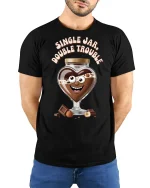 Funny Chocolate Jar Double Trouble Cute Food Cartoon T-Shirt - model wearing black tee with hands behind back