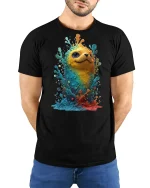 Color Splash Creature Cute Fantasy Art Vibrant Graphic T-Shirt - model wearing black tee with hands behind back
