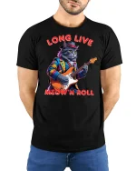 Long Live Meow N Roll Rockstar Cat Playing Guitar Graphic Tee - model wearing black tee with hands behind back