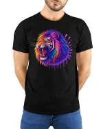 Vibrant Roaring Tiger Neon Art Graphic T-Shirt with Soft Feel - model wearing black tee with hands behind back