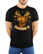 Sleighin’ It Cool Reindeer Sunglasses Funny Christmas Graphic Tee - model wearing black tee with hands behind back