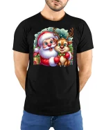 Cute Santa and Reindeer Christmas Friends Holiday Graphic Tee - model wearing black tee with hands behind back