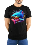 Neon Shark Splash Vibrant Ocean Art Graphic T-Shirt Soft Feel - model wearing black tee with hands behind back