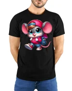 Cute Backpack Mouse Streetwear Cartoon Art Graphic T-Shirt - model wearing black tee with hands behind back