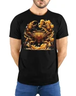 Golden Warrior Crab Ornate Art Mythic Style Graphic T-Shirt - model wearing black tee with hands behind back