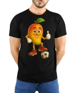 Funny Mango Soccer Player Cartoon Art Fun Graphic T-Shirt - model wearing black tee with hands behind back