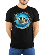 3D Sea Turtle Breakthrough Ocean Art Realistic Graphic T-Shirt - model wearing black tee with hands behind back
