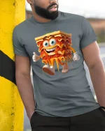 Funny Lasagna Cartoon Character Melty Food Humor Graphic Tee - model wearing grey tee, leaning on column