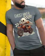 Ghost Biker Racing Cartoon Spooky Motorcycle Graphic T-Shirt - model wearing grey tee, leaning on column