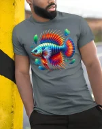 Vibrant Rainbow Fish Fantasy Ocean Art Colorful Graphic T-Shirt - model wearing grey tee, leaning on column