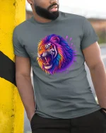 Vibrant Roaring Tiger Neon Art Graphic T-Shirt with Soft Feel - model wearing grey tee, leaning on column