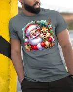 Cute Santa and Reindeer Christmas Friends Holiday Graphic Tee - model wearing grey tee, leaning on column