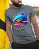 Neon Shark Splash Vibrant Ocean Art Graphic T-Shirt Soft Feel - model wearing grey tee, leaning on column