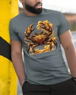 Golden Warrior Crab Ornate Art Mythic Style Graphic T-Shirt - model wearing grey tee, leaning on column