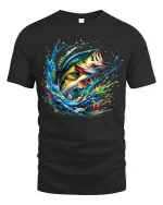 Explosive Bass Splash Fishing Art Tshirt Nature Energy Style - black t-shirt on white background
