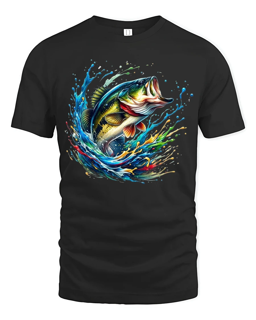 Explosive Bass Splash Fishing Art Tshirt Nature Energy Style - 1 Explosive Bass Splash Fishing Art Tshirt Nature Energy Style - black t-shirt on white background
