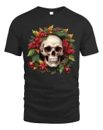 Christmas Skull Wreath Art Tshirt Festive Gothic Holiday Style - black t-shirt on white background