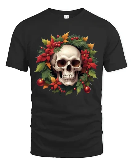 Christmas Skull Wreath Art Tshirt Festive Gothic Holiday Style - black t-shirt on white background