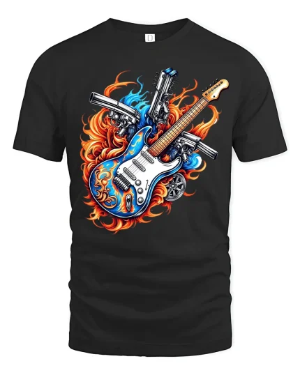 Flaming Electric Guitar Rock Art Tshirt Loud Rebel Energy - black t-shirt on white background